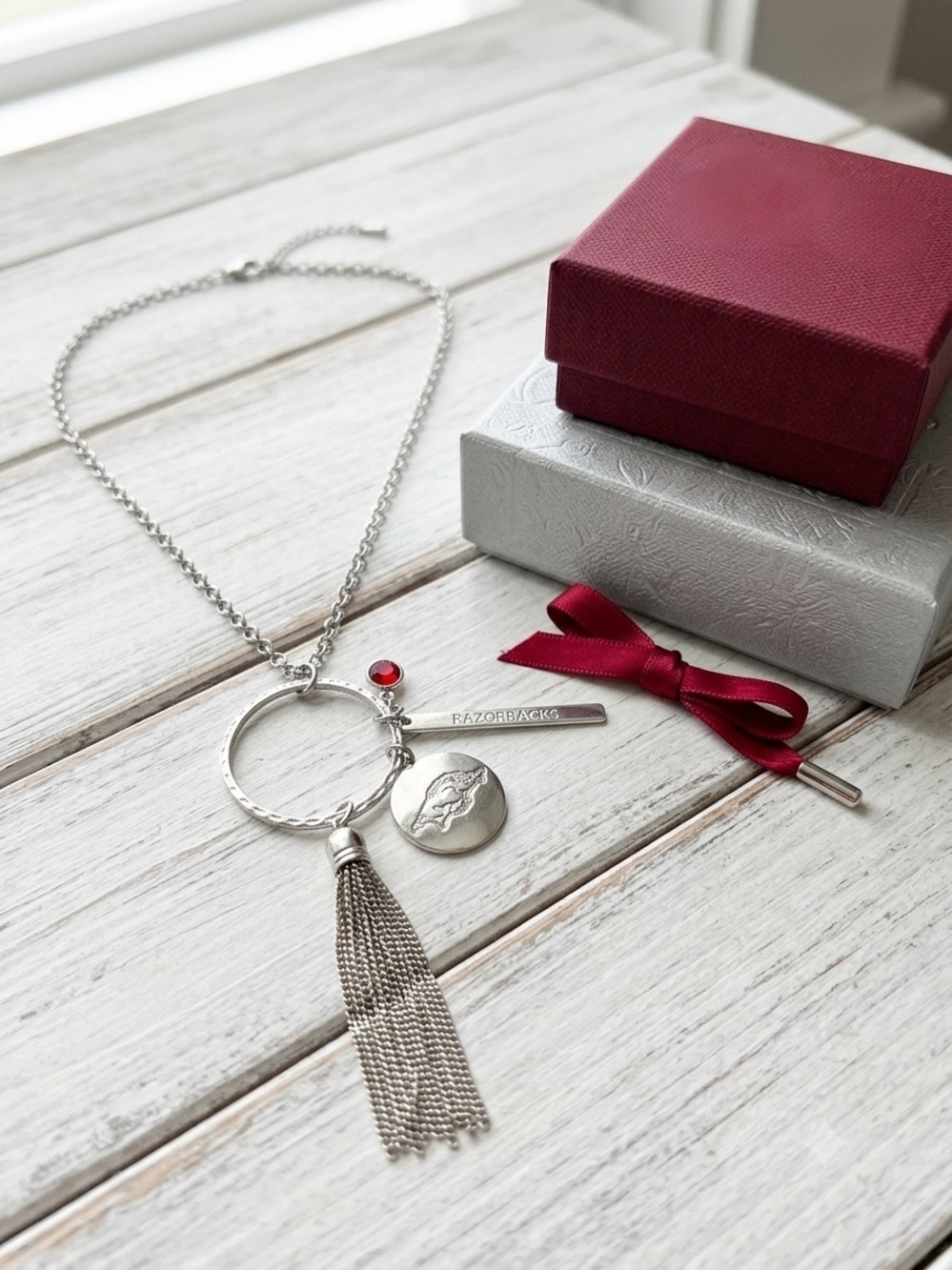 Emerson Street Arkansas Razorbacks Gabby Tassel Necklace Silver Tone Charm